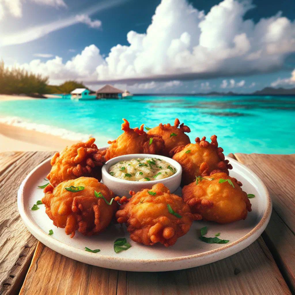 Golden crispy conch fritters served with a wedge of lime and dipping sauce