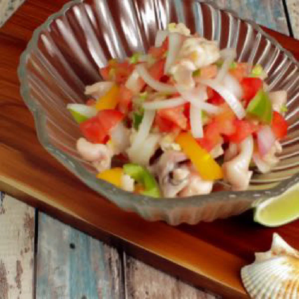 Fresh conch salad with diced tomato, onion and peppers in a lime marinade