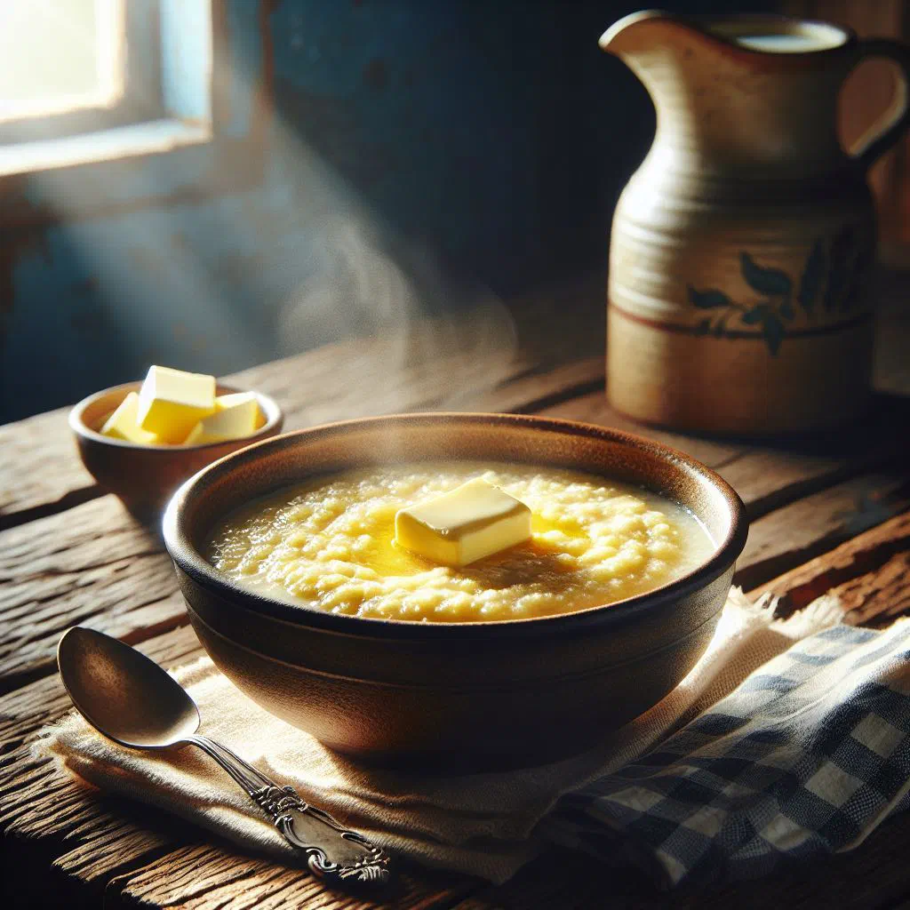 A warm bowl of creamy Bahamian cornmeal porridge topped with fresh fruit
