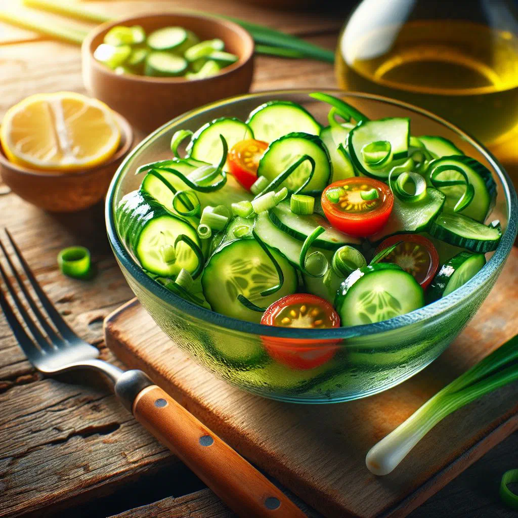 Fresh Bahamian cucumber salad with tomatoes and onions in a tangy dressing
