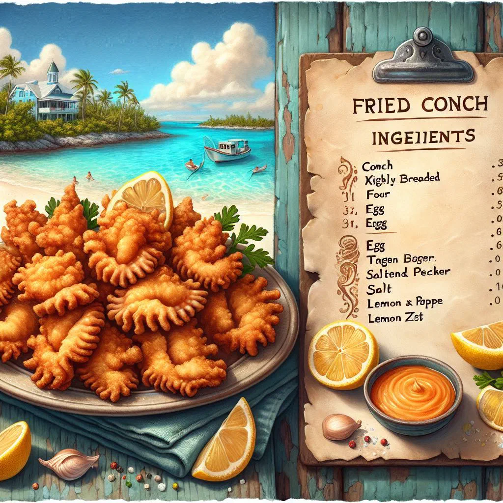 Golden fried conch pieces with a crisp coating and lemon wedges