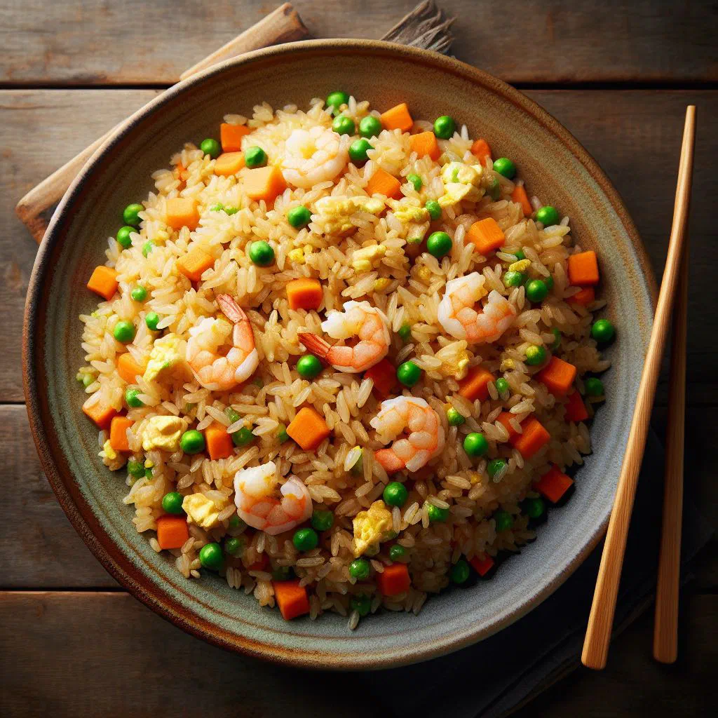 Bahamian fried rice with peas, carrots and fresh herbs in a bowl