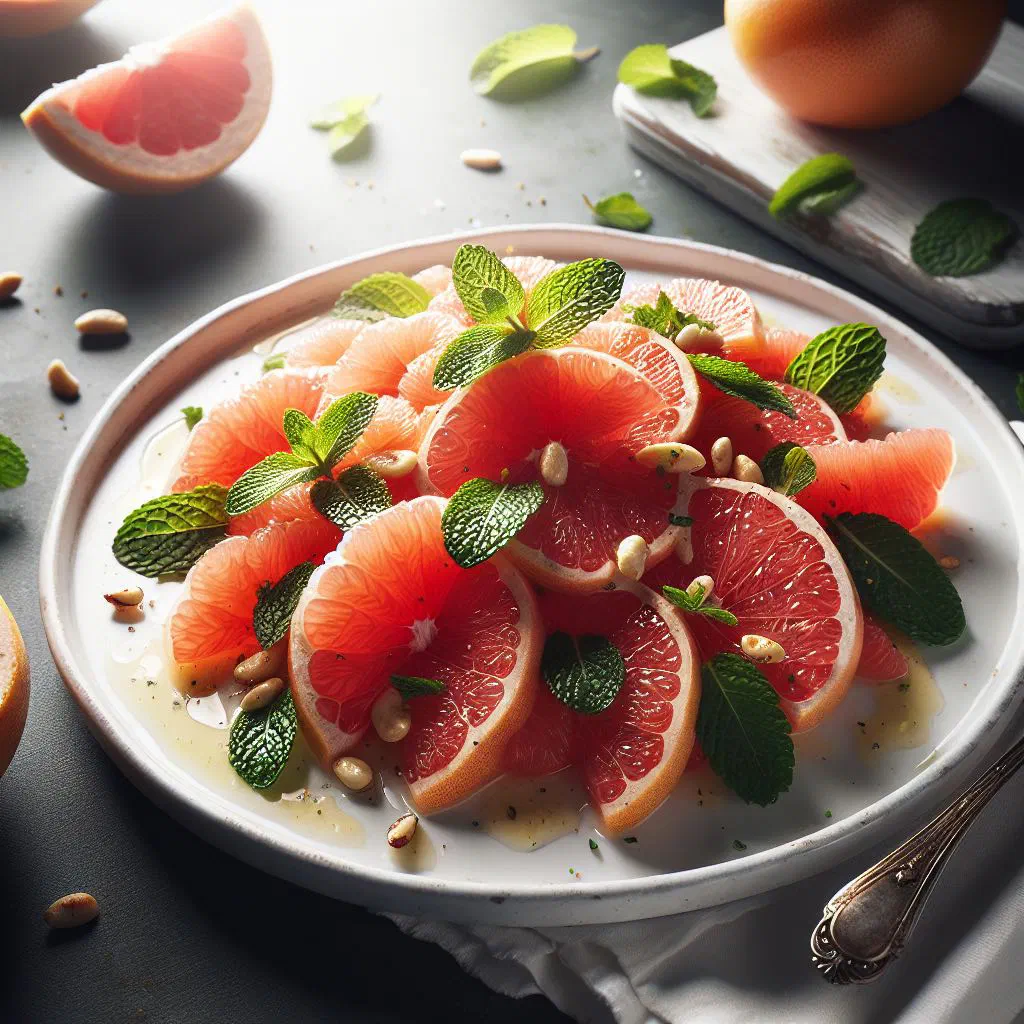 Fresh grapefruit salad with avocado and rocket leaves