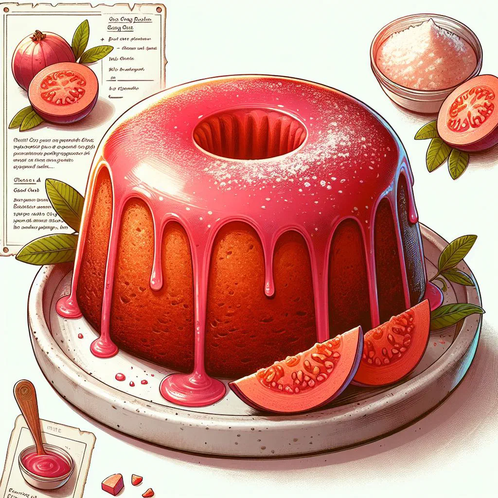 A slice of Bahamian guava cake with soft sponge layers and a pink guava glaze