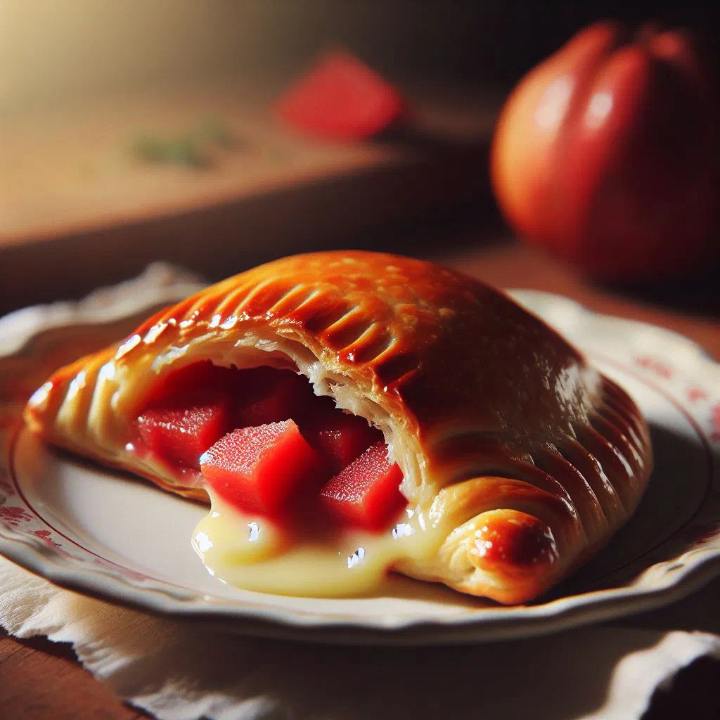 Golden guava cheese turnovers dusted with icing sugar on a plate