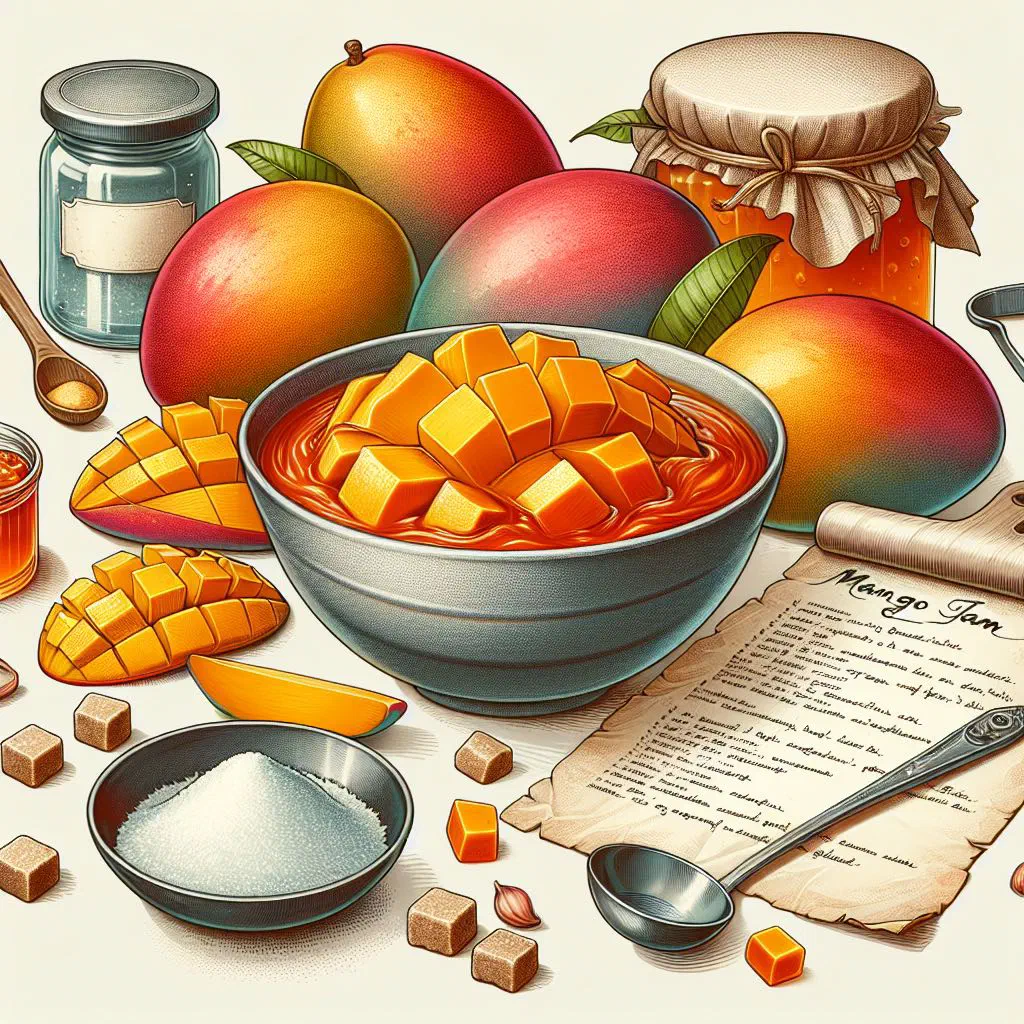 Jar of golden Bahamian mango jam with fresh mango slices
