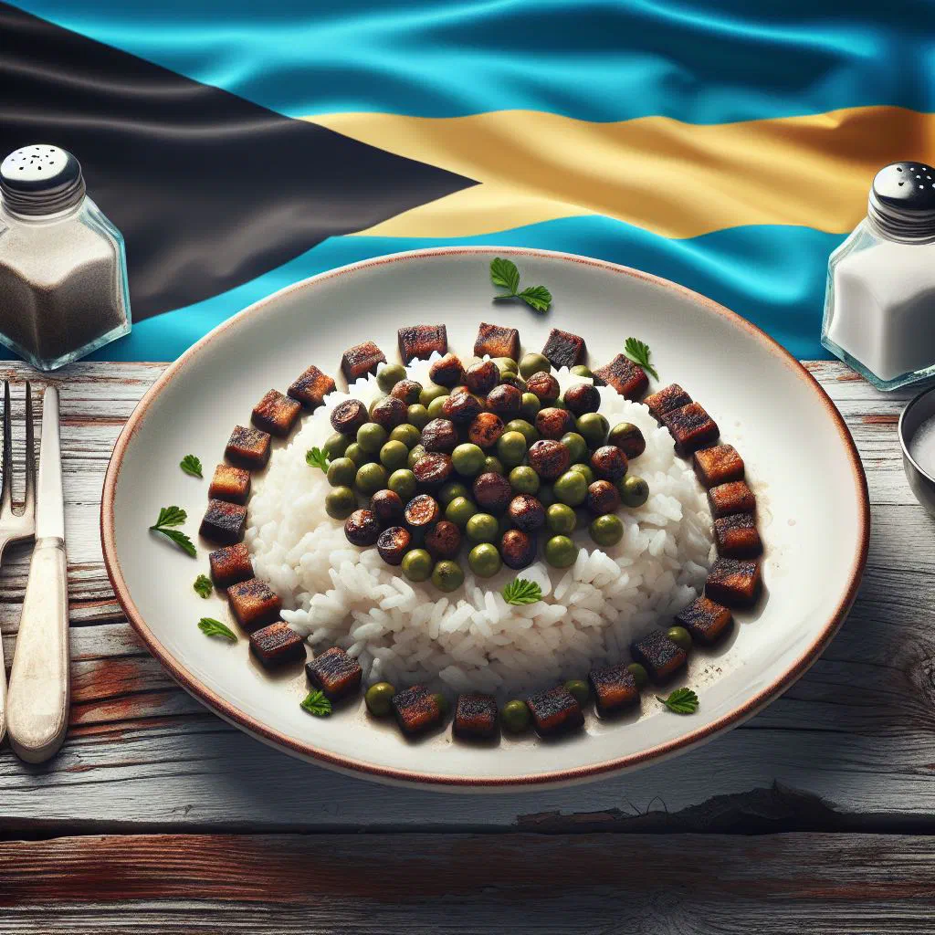 A bowl of Bahamian peas n' rice with pigeon peas, herbs and diced peppers