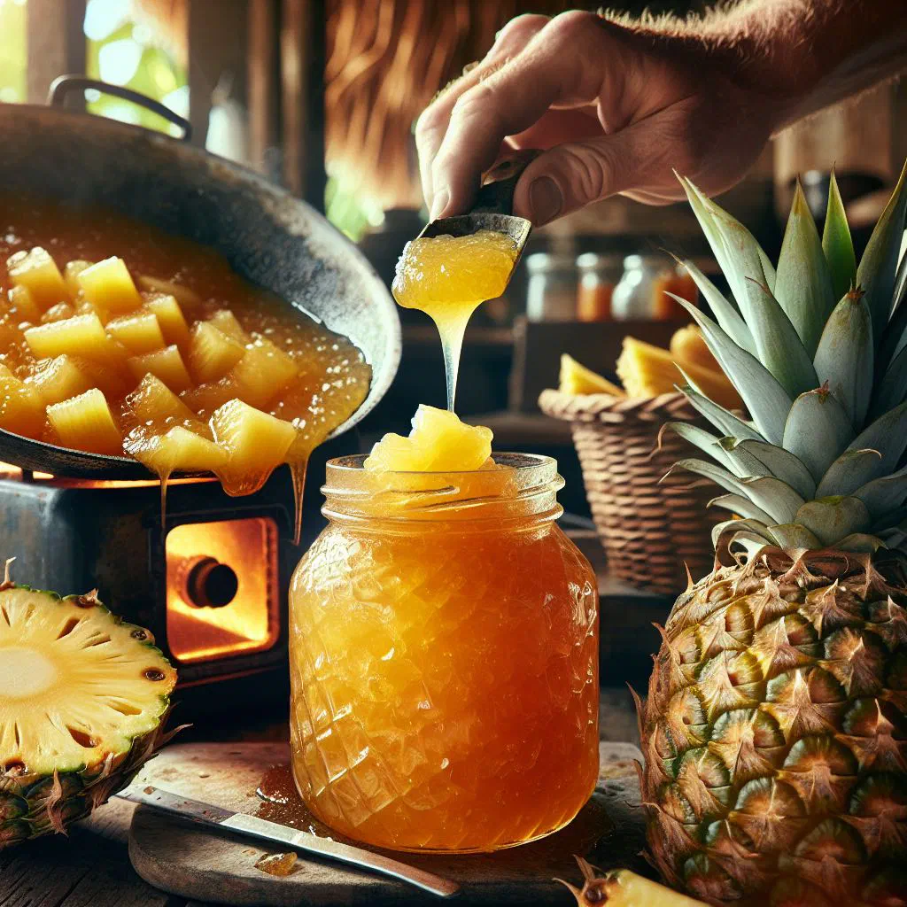 Jars of golden pineapple jam beside fresh pineapple slices