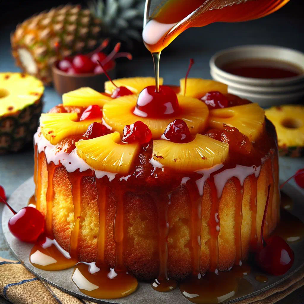 Golden pineapple rum cake garnished with fresh pineapple pieces