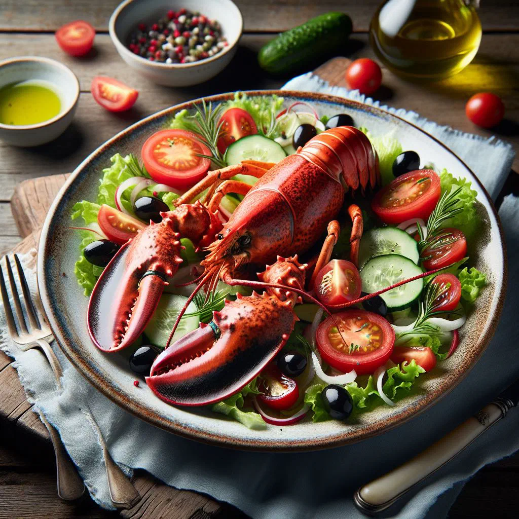 Bahamian rock lobster salad with avocado, tomato and coriander on leafy greens