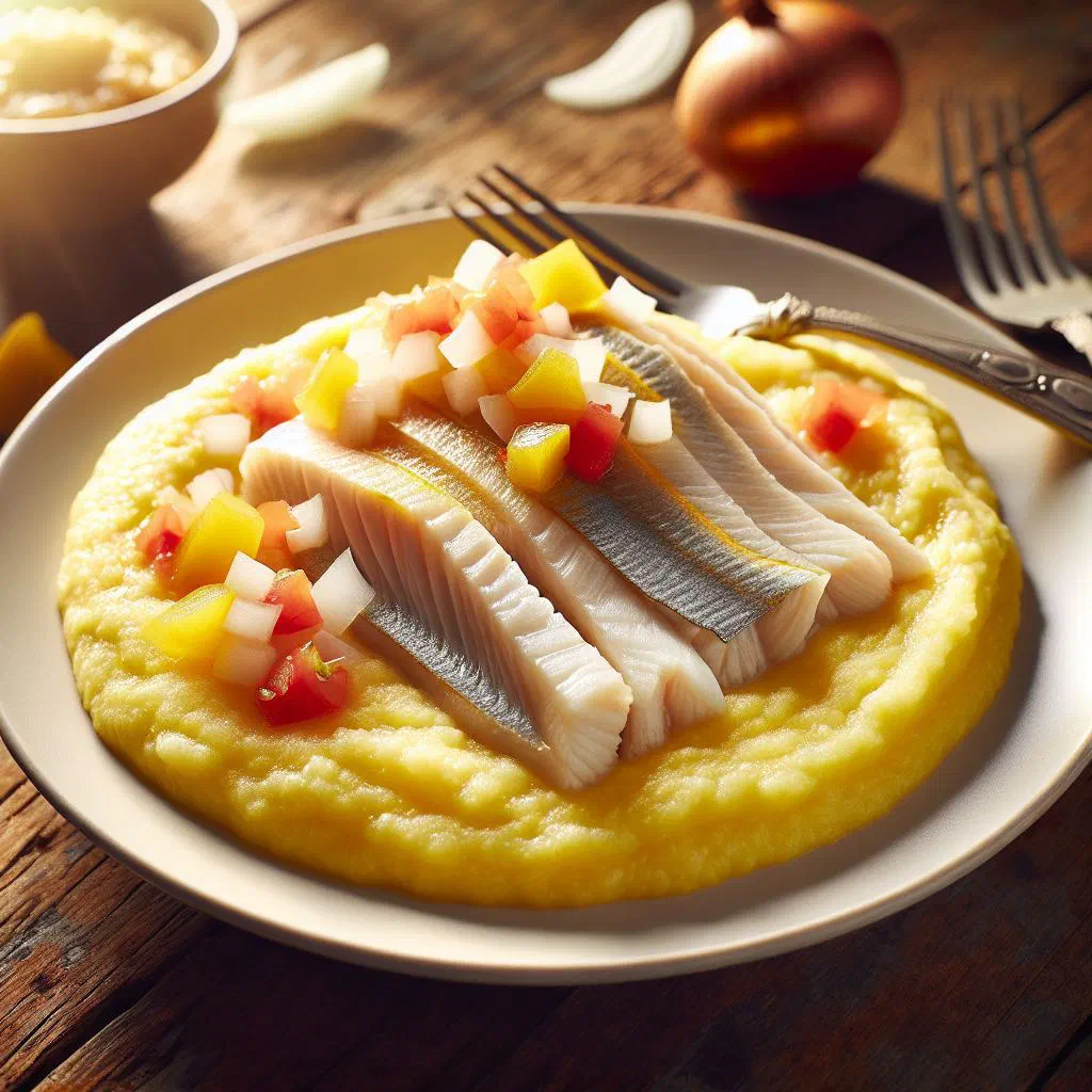 Bahamian saltfish served over creamy grits, garnished with fresh parsley
