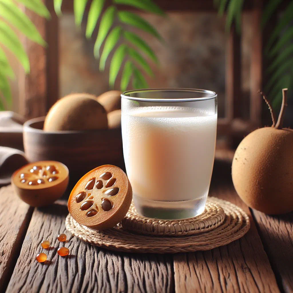 Glass of creamy sapodilla juice served with ice and fresh fruit