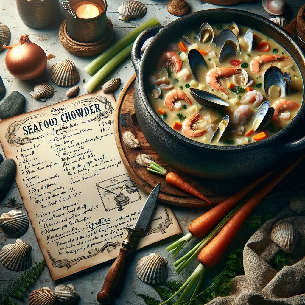 Creamy Bahamian seafood chowder in a bowl garnished with fresh herbs