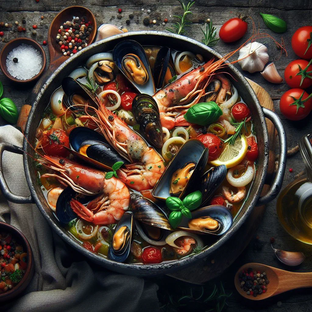Bahamian seafood stew with fish and prawns in a tomato broth, garnished with coriander
