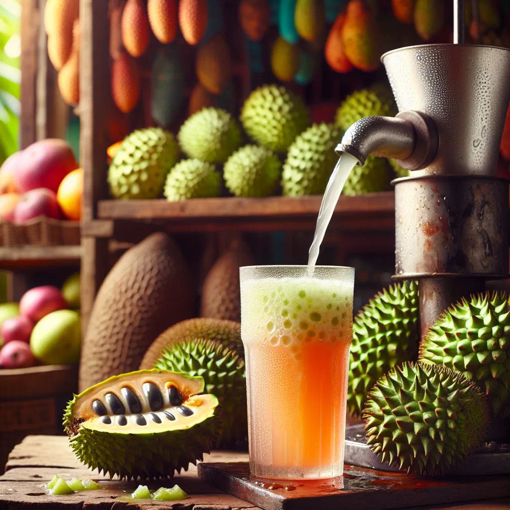 A tall glass of chilled soursop juice garnished with mint and lime