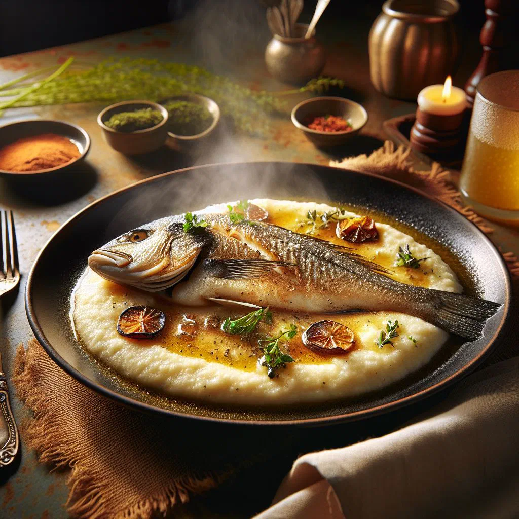 Steamed fish fillet served over a bed of creamy grits with fresh herbs