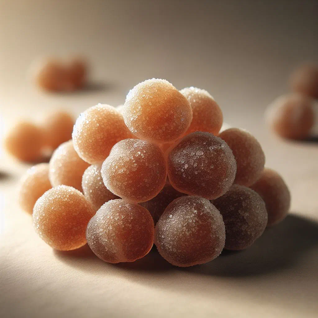 Sugar-coated tamarind balls arranged on a small plate