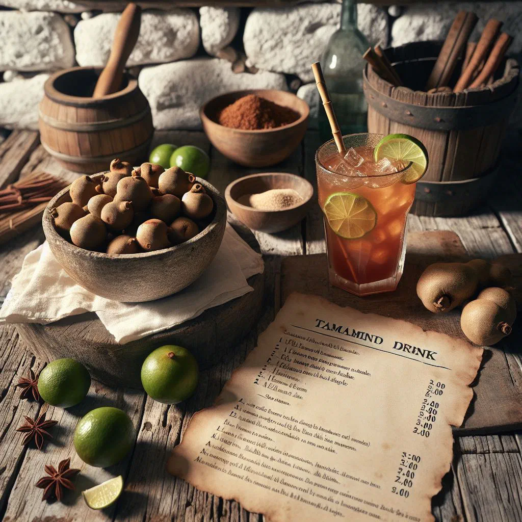 Glass of chilled tamarind drink with ice cubes and a slice of lime