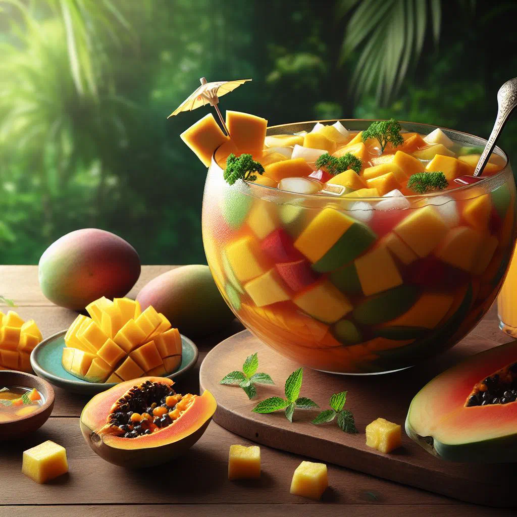 Glass of tropical fruit punch garnished with fresh pineapple, mango and lime