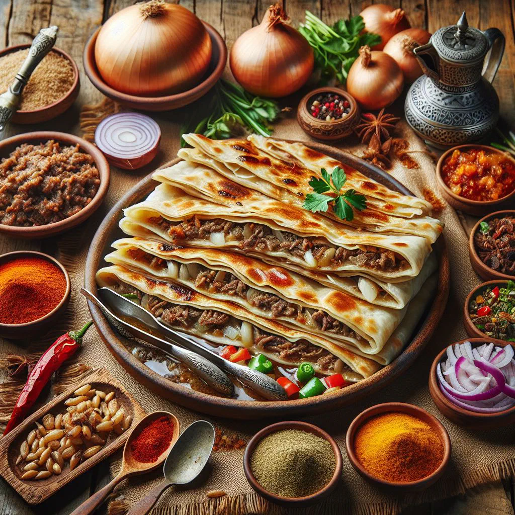 Golden fried Al-Mutabbaq stuffed pastry cut open to show the meat and egg filling