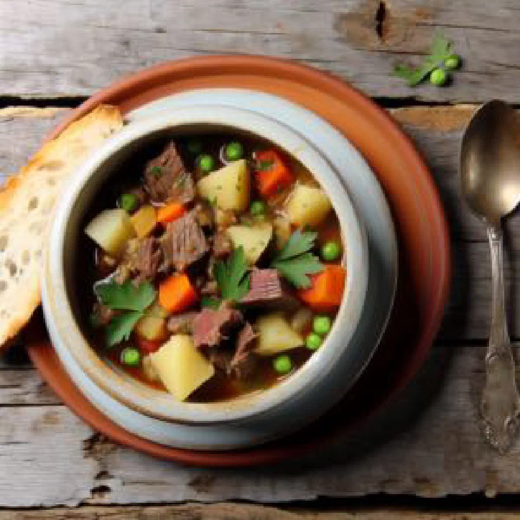 A hearty bowl of Bahraini Al-Tabeekh stew with meat, vegetables and fresh herbs
