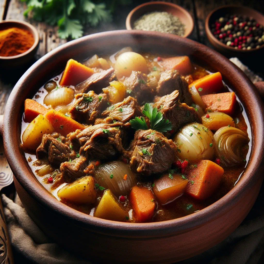 Bowl of Bahraini camel meat stew with vegetables and fresh herbs