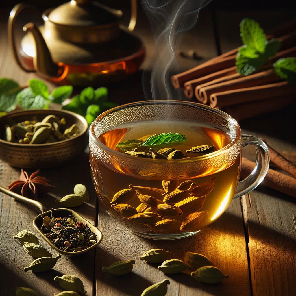 A glass of steaming cardamom tea with whole cardamom pods