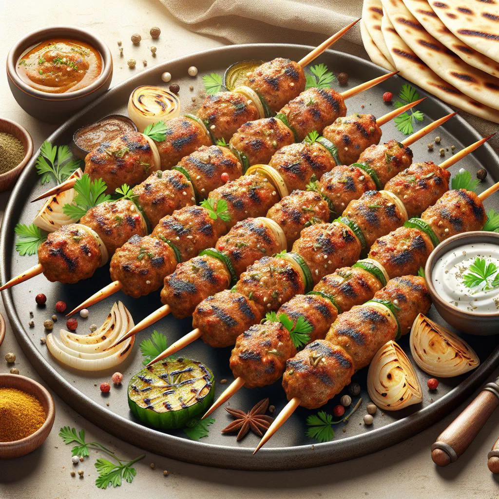 Golden-browned chicken kofta meatballs garnished with fresh parsley and lemon