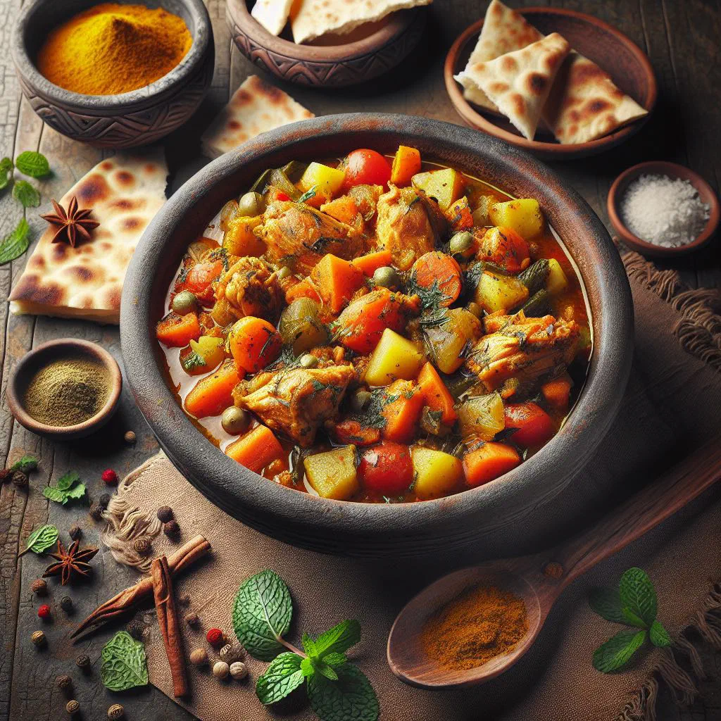 Chicken thareed with tender chicken and vegetables over soaked flatbread