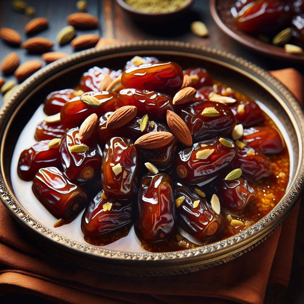 Rich date halwa set in a dish and topped with chopped nuts