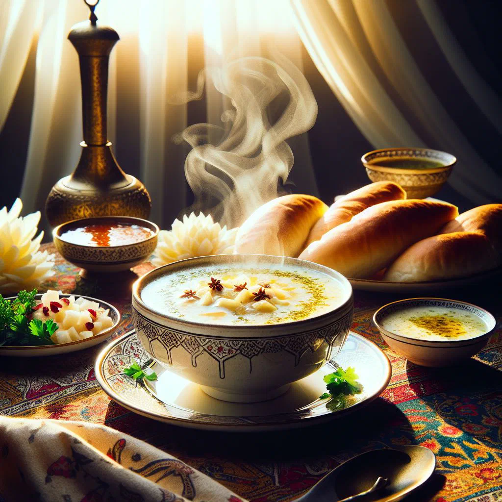 Bowl of Bahraini jareesh soup with cracked wheat and tender meat, garnished with fresh herbs