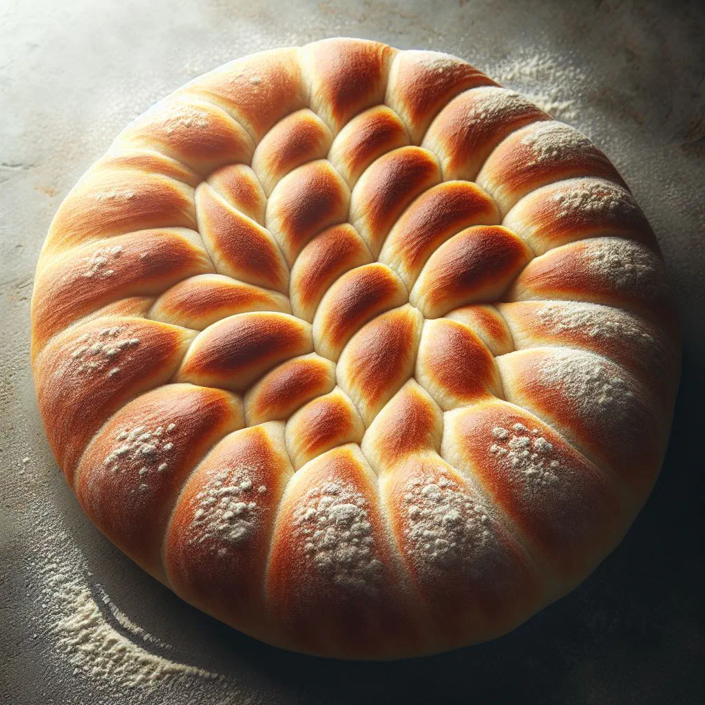 Freshly baked Khubz Muhalla flatbread stacked on a wooden plate