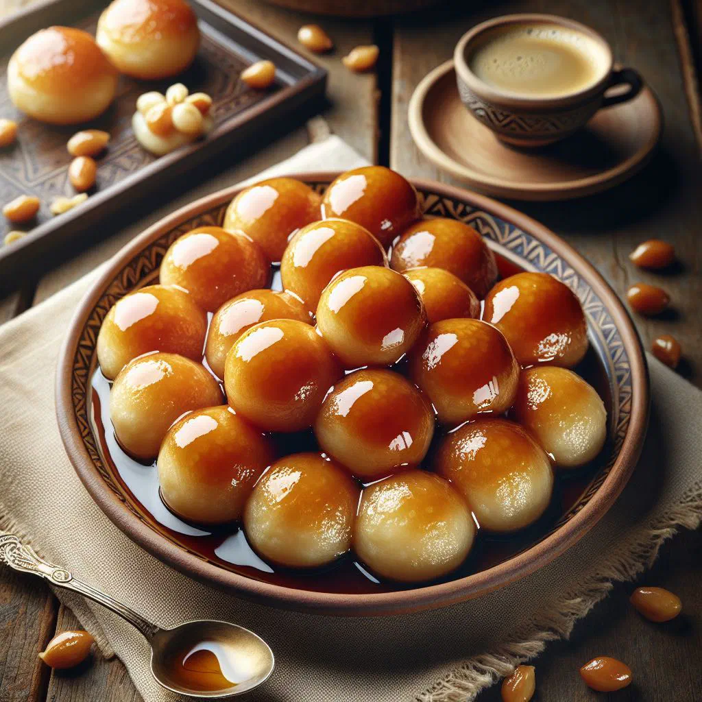 Golden fried luqaimat dumplings drizzled with date syrup