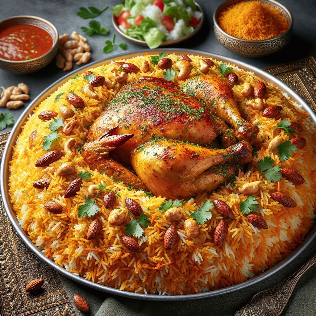 Golden spiced machboos rice served with tender chicken and fresh herbs