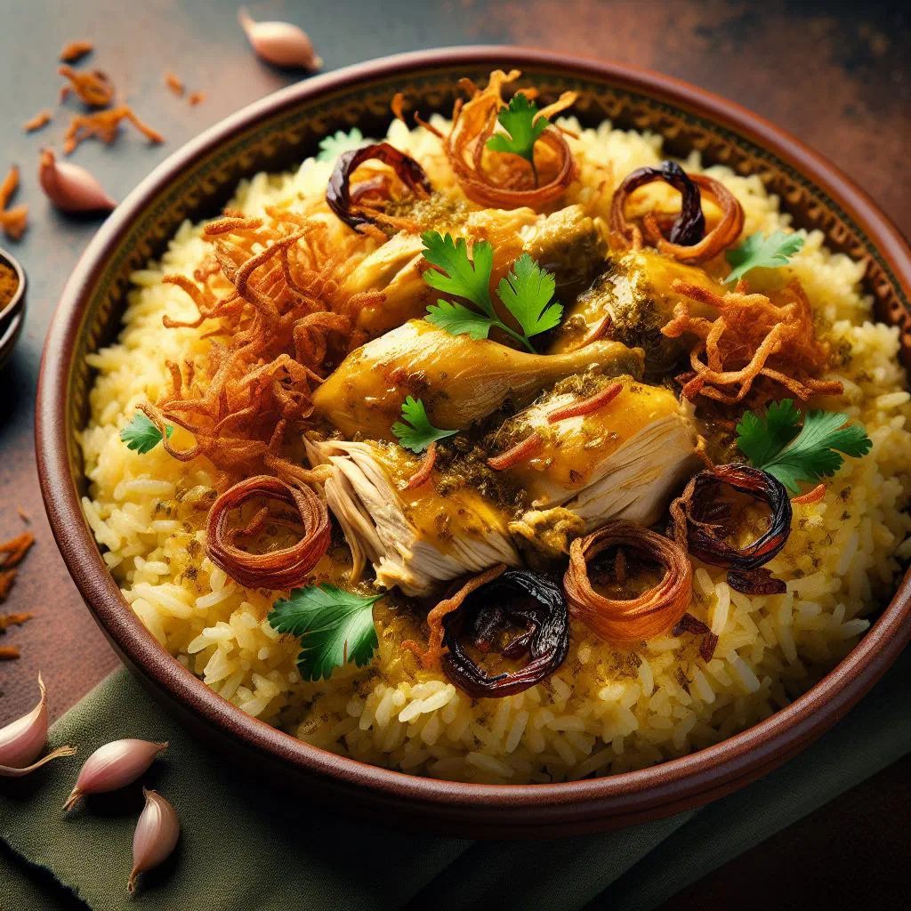 Bowl of creamy Bahraini madrouba with fish and rice