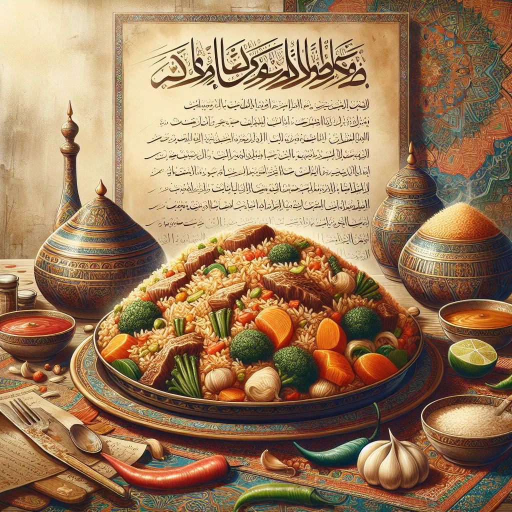 Maglooba turned out onto a platter with layers of rice, meat and vegetables