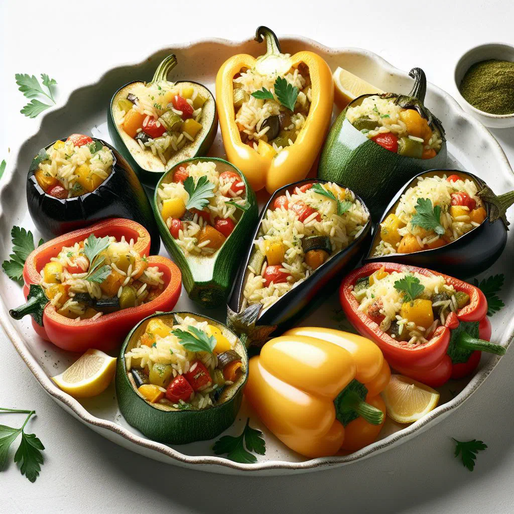 Stuffed courgettes and peppers filled with spiced rice, garnished with parsley