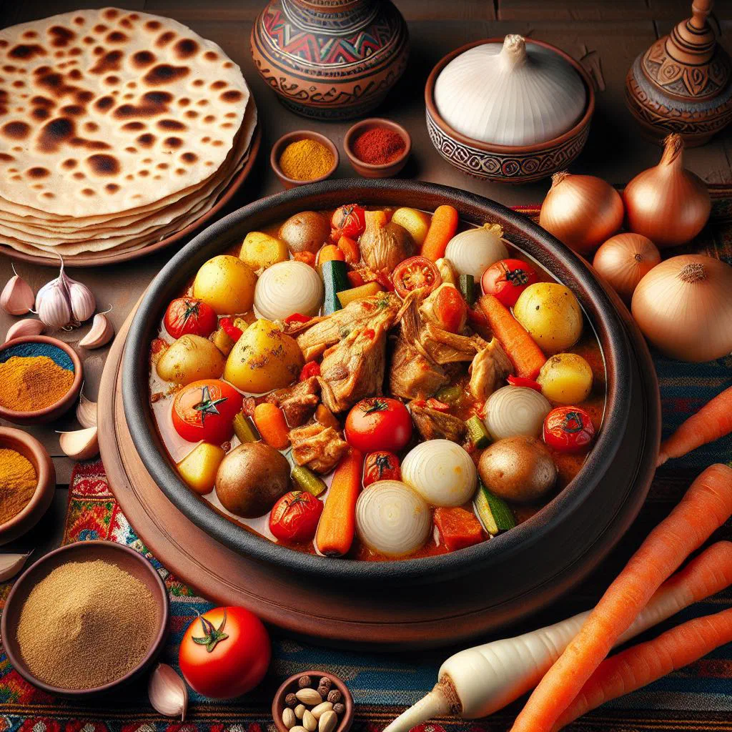 Bahraini margoog stew with tender lamb, vegetables and soft dough discs
