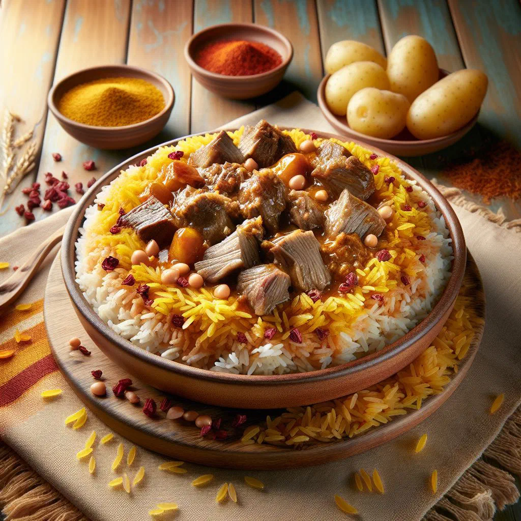 Mashkool with tender lamb and spiced basmati rice garnished with fresh herbs