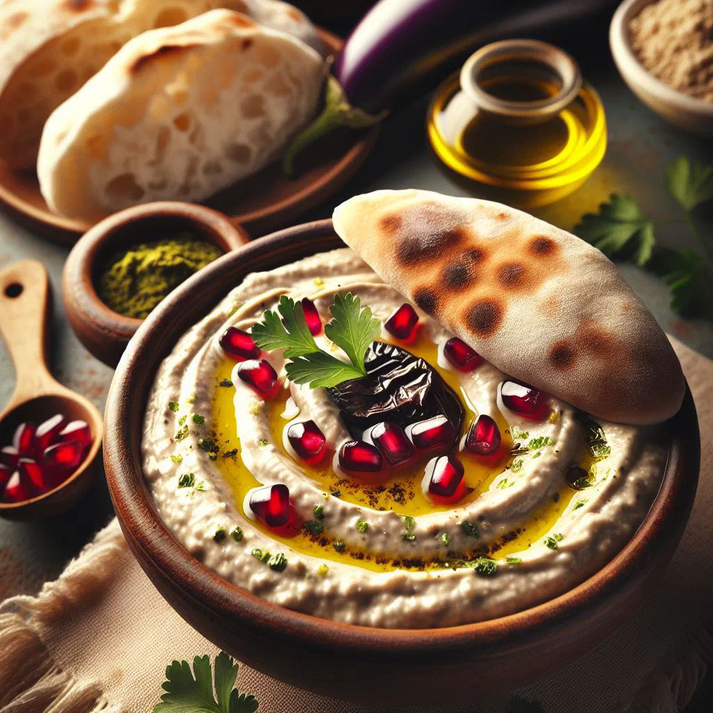 Smoky moutabal aubergine dip drizzled with olive oil and paprika
