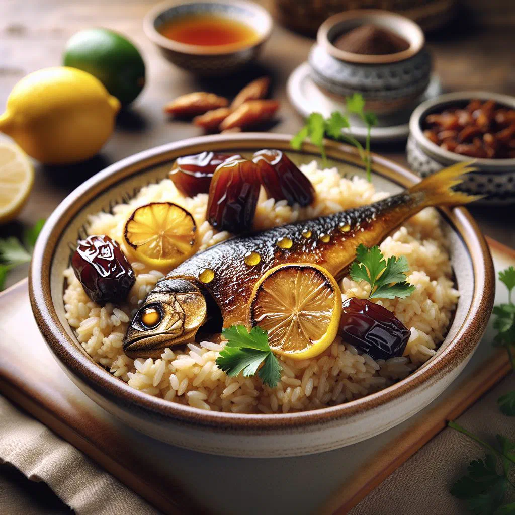 Sweet spiced Bahraini muhammar rice topped with raisins and toasted almonds