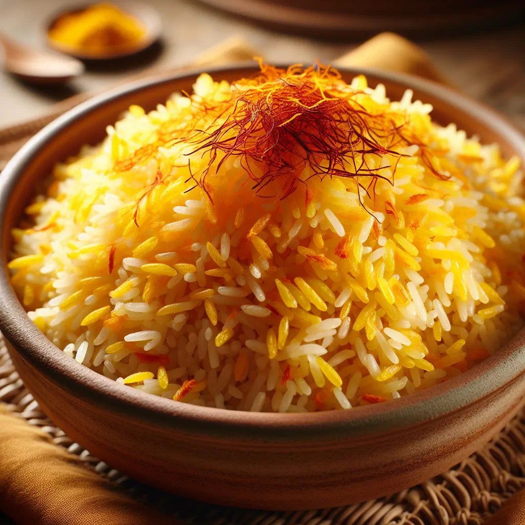 Fragrant saffron-tinged Persian rice served with vegetables and herbs