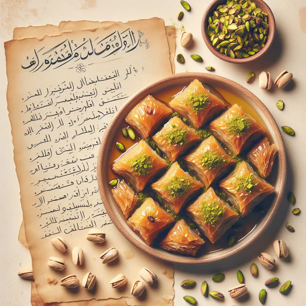 Diamond-cut pistachio baklava glazed with honey syrup and topped with chopped pistachios