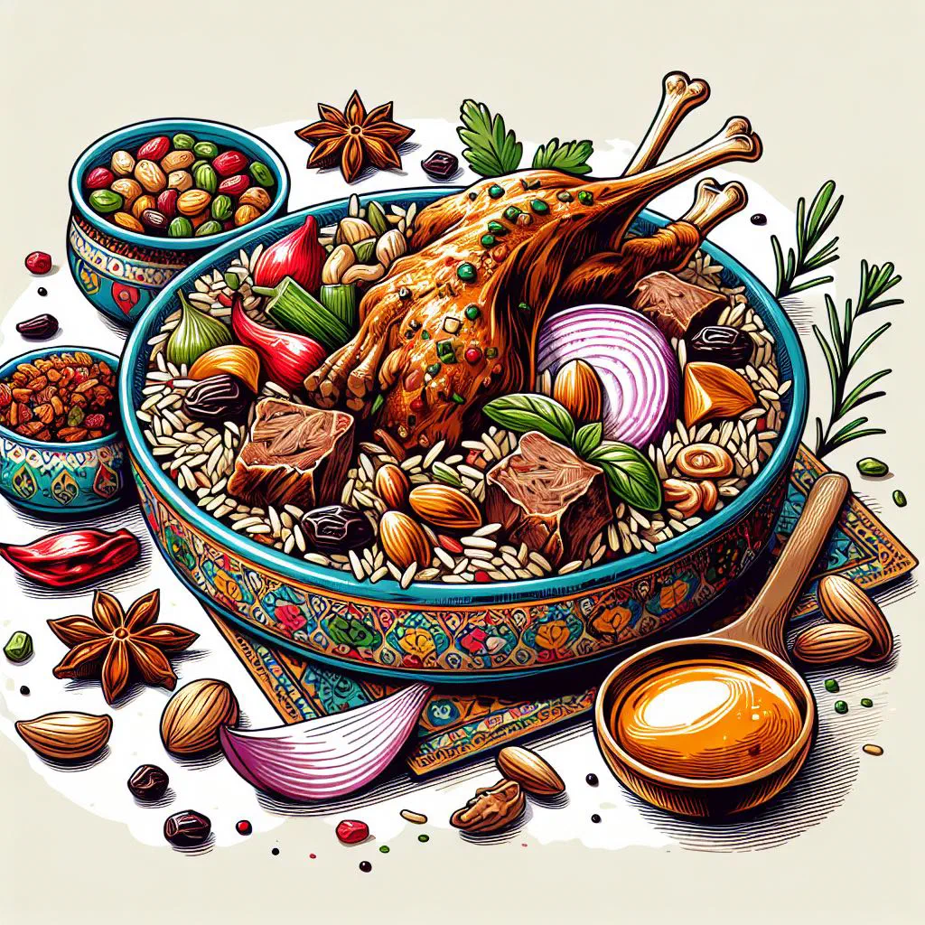 Quzi with spiced basmati rice, tender lamb, nuts and raisins on a platter