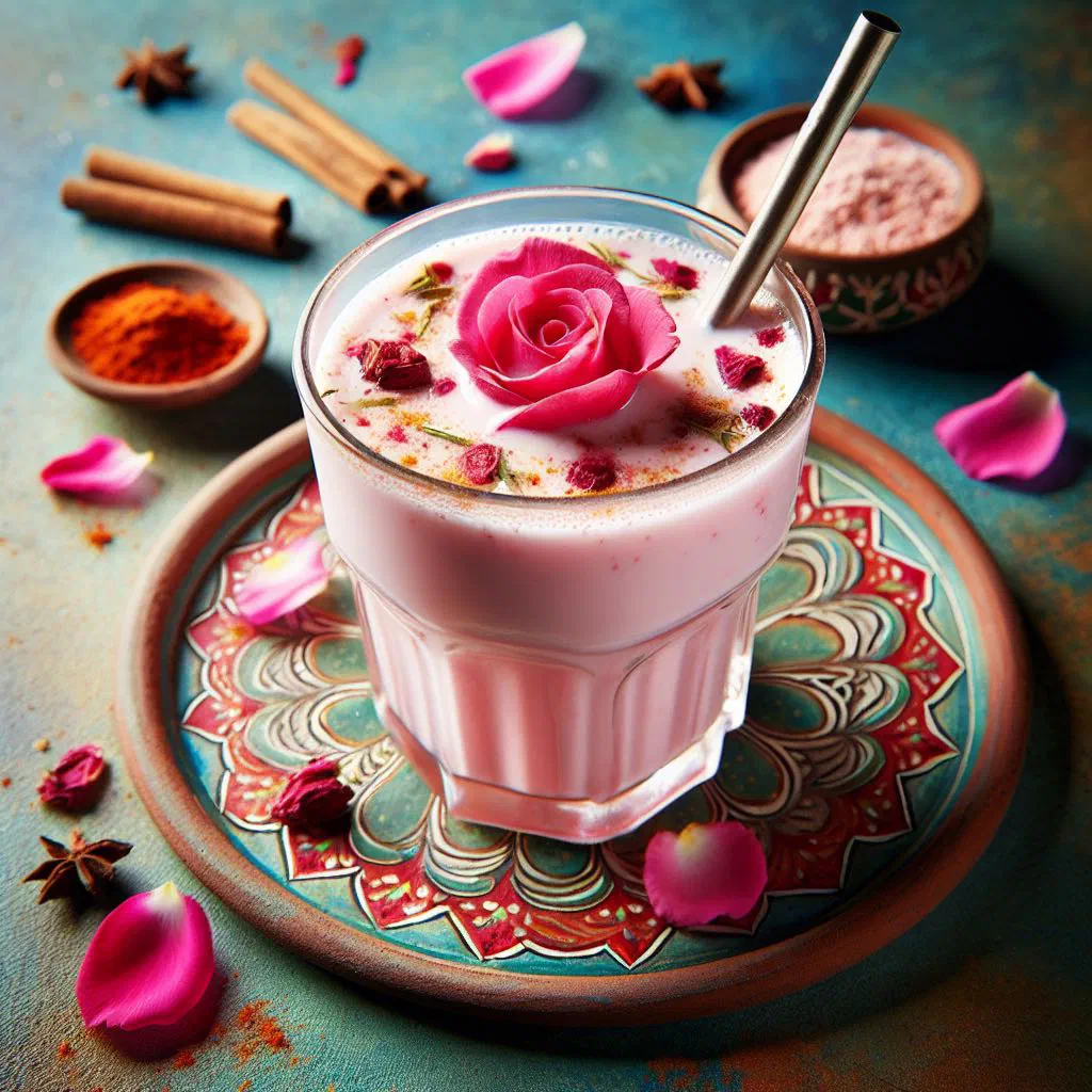 A chilled rose water lassi in a glass, garnished with rose petals