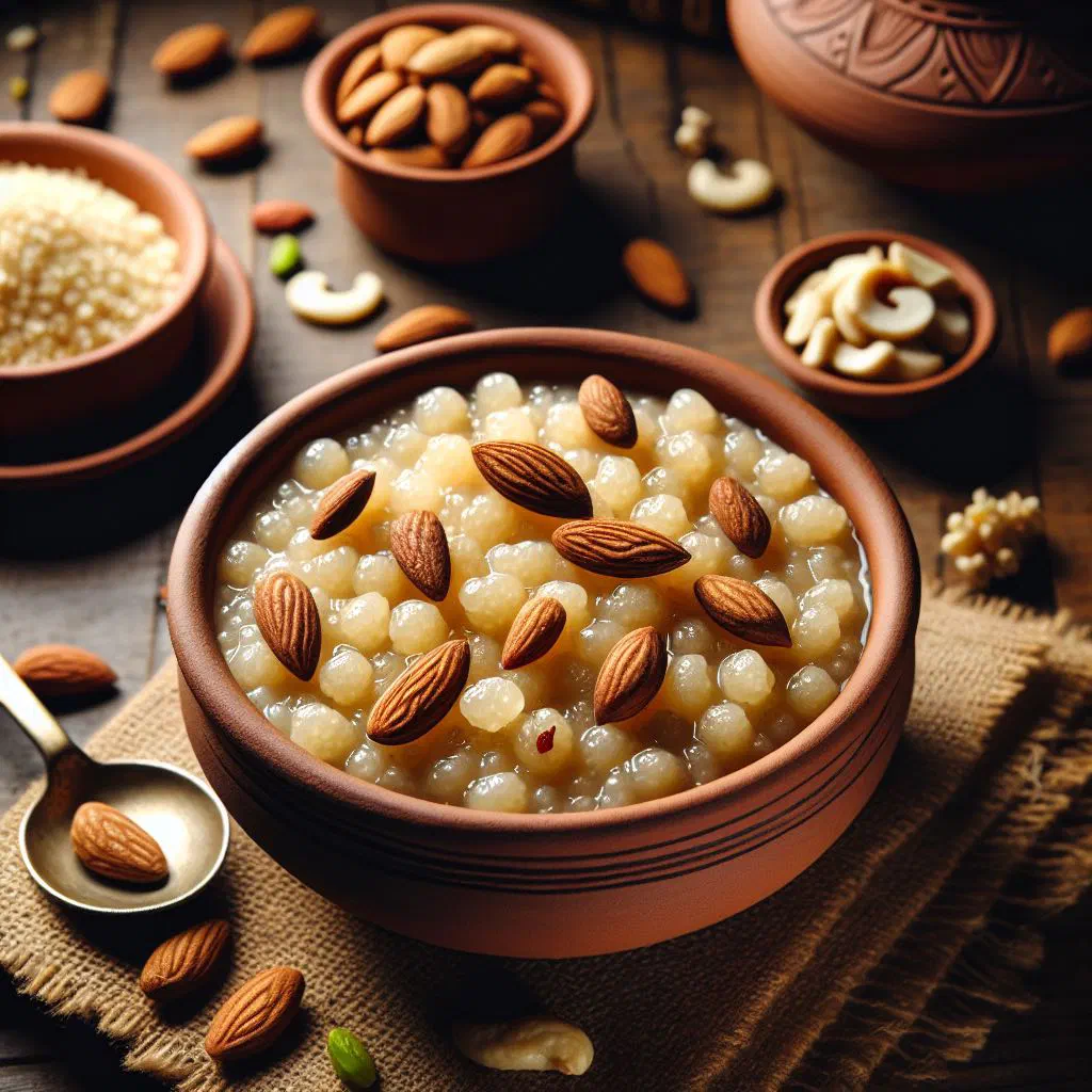 Warm sago halwa in a bowl topped with chopped nuts