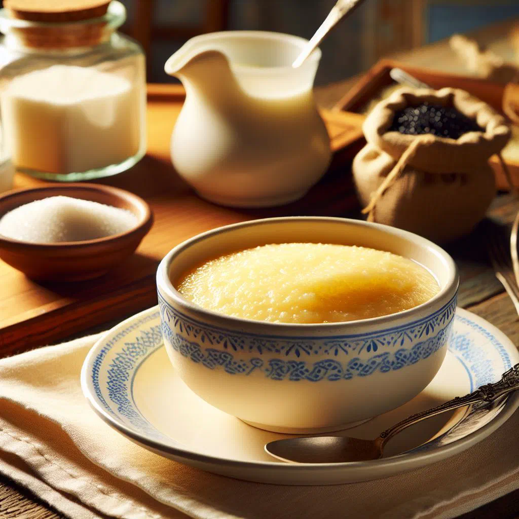 Golden semolina pudding soaked in syrup and garnished with almonds