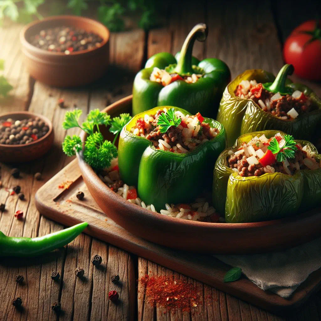 Baked stuffed bell peppers filled with spiced rice and lamb, garnished with parsley