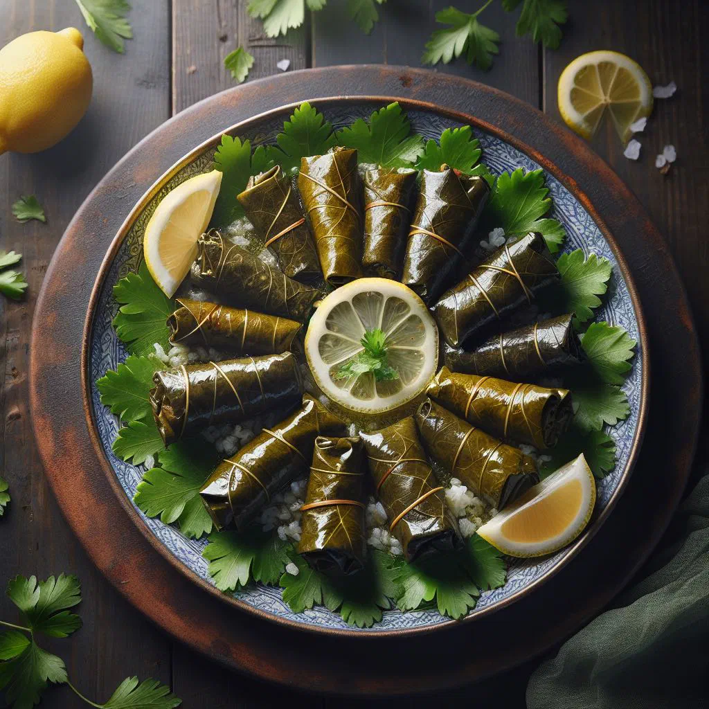 A platter of rolled stuffed grape leaves garnished with lemon slices