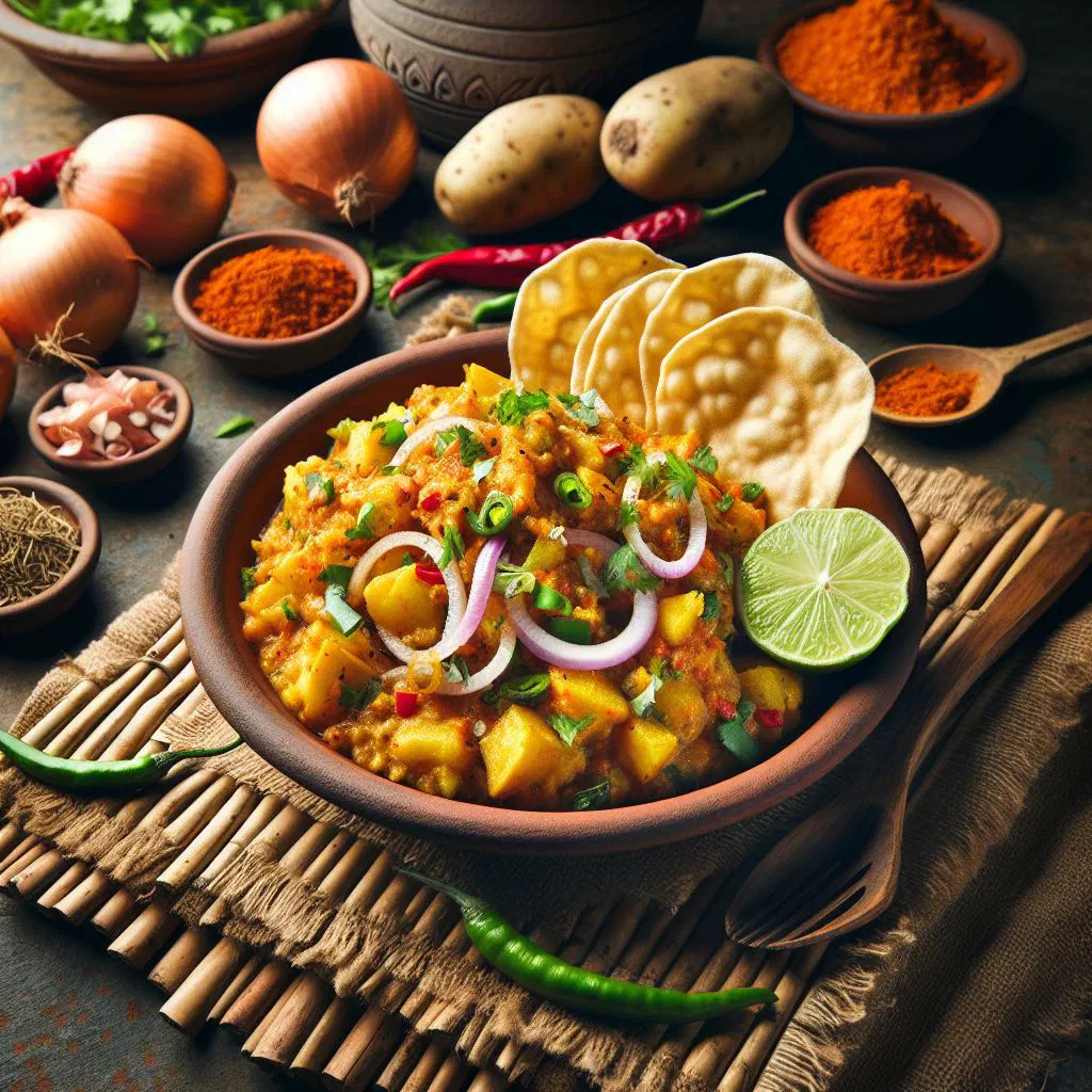 Bowl of mashed potato aloo bhorta with onion, green chilli and coriander